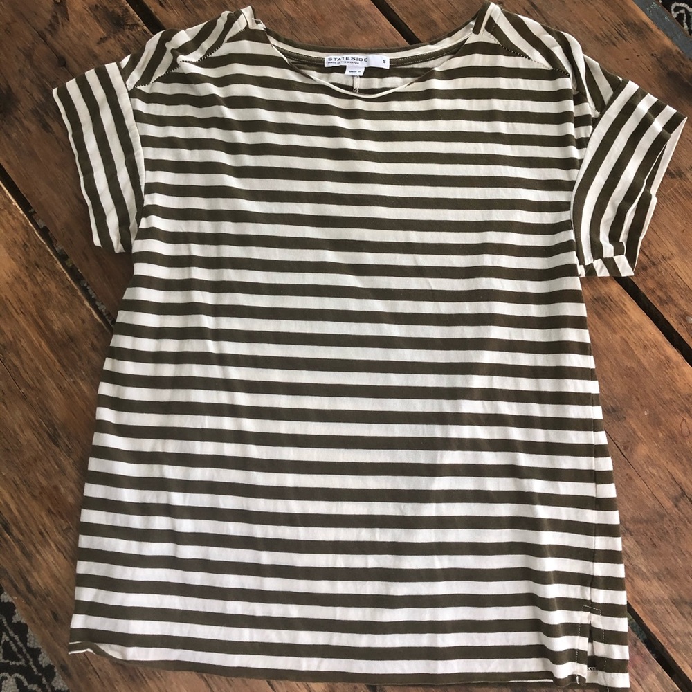 Stateside Anthropologie Olive cream striped tee